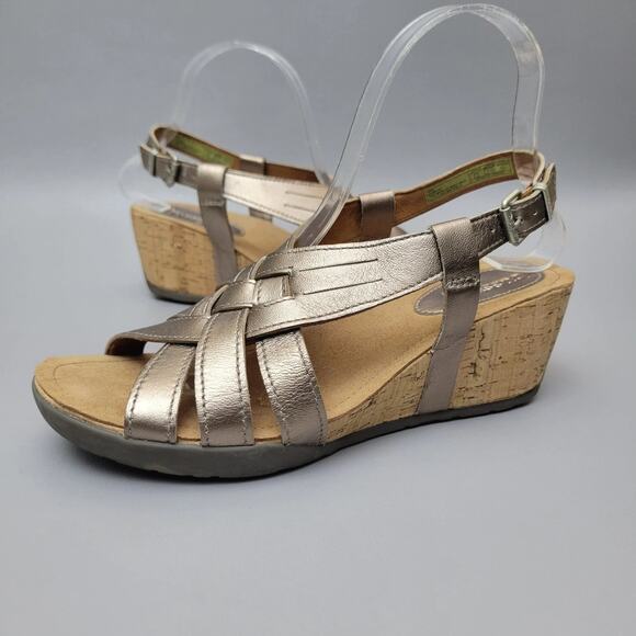 Bussola Womens Open Toe Wedge Slingback Sandal Gold Leather Latice Weave 8-8.5 - Picture 1 of 10